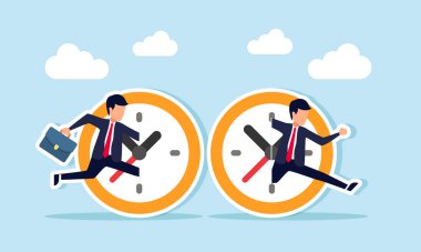 İşadamı, saat içindeki bir zaman kapısından geçer. Çoklu görev kabiliyetinin ve verimli zaman yönetiminin bir göstergesi.