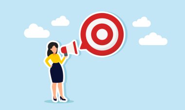 Bir iş kadını megafon kullanarak konuşuyor, hedef tahtası şeklinde bir diyalog kuruyor, takım için iş hedefinin tanıtımı ve eğitimi resmediyor.