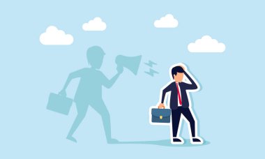 Arkasındaki gölgesi megafon, aşırı düşünme, depresyon ve stresin göstergesi olarak ona bağırırken bir işadamı depresyonda ve stresli hissediyor.