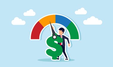 Bir işadamı, bir dolar işaretine iliştirilmiş gösterge iğnesini ayarlar, iş finansmanının ayarlanmasının bir göstergesi