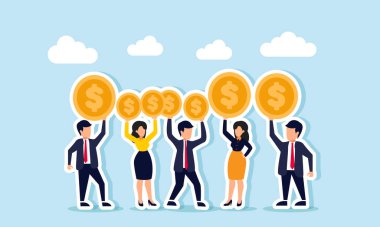 İş adamları toplanıyor, her biri bir dolar tutuyor, iş yatırımcılarını aramak ve bulmak için toplanan bir toplantının resmi.