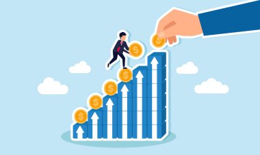 İşadamı ve bir işadamı birlikte çalışarak istiflenmiş kutuların üzerine dolar sikkeleri koyarak bir tablo oluşturur. Kâr, gelir ve iş değerlerinin artırılmasında takım çalışmasının bir illüstrasyonudur.