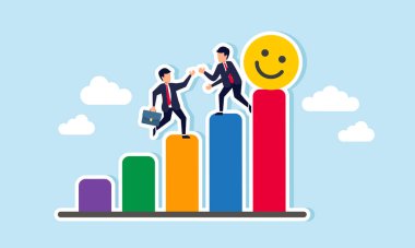 İki işadamı, en yüksek noktada mutlu bir ifade ile bir tabloya tırmanmak için birbirlerine yardım ediyorlar. İşbirliği ve artan piyasa ilgisinin bir göstergesi.