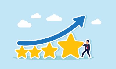 Bir iş adamı yükselen mavi bir tablo oluşturan bir dizi yıldız düzenler, iş ürünü ve hizmet kalitesini artırmak için standartlaştırma tasarımı çizelgesi çizer