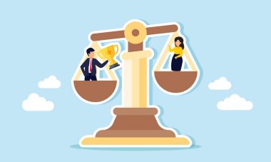 İş adamı, adalet terazisinin bir tarafında bir ödül tutarken, diğer tarafında bir iş kadını duruyor. Seçilmiş yüksek mevkilerdeki bir iş kadını, seçilmiş yüksek mevkideki adayların tercihlerini gözler önüne seriyor.