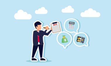 Bir işadamı, hesap makinesi, para çantası ve kasa içeren bir sohbet diyaloğu hakkında notlar alır.