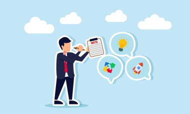 Bir işadamı, lamba, bulmaca ve roketin yer aldığı bir sohbet diyaloğu hakkında notlar alır, iş fikirleri ve yenilikler üzerine dakikaların çizimi