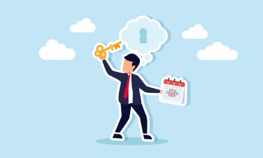 Bir iş adamı, zaman yönetimi üzerinde etkili ve etkili bir düşünce kullanarak iş çözümlerinin resimlendirilmesi ve hayal gücünün bir anahtar deliğine yerleştirmek için bir program ve anahtar taşır.