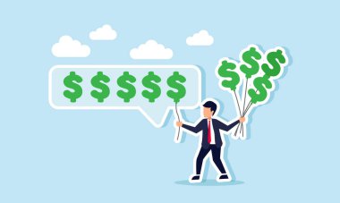 İş adamı dolar şeklinde birkaç balon taşıyor, dolar işaretlerinin arasına bir tane yerleştiriyor, ticari kazanç elde etmede elde edilen başarıların bir örneği.