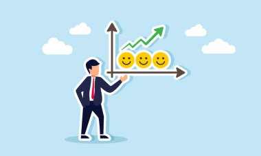 İş adamı, bir dizi mutlu duygu simgesinden yükselen grafikler gösteriyor.