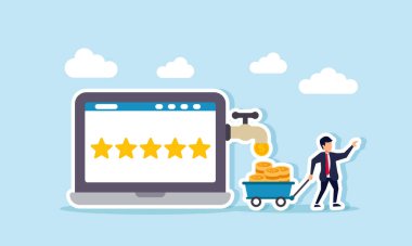 Bir iş adamı, bir alışveriş arabasını iterken dizüstü bilgisayara bağlı bir musluktan para akışı, beş yıldız, iş kalitesinin korunması ve iyileştirilmesinden elde edilen kârın bir örneği olarak beş yıldız taşır.