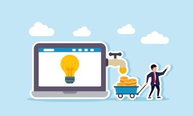 Bir işadamı, yanan bir lambayla bir bilgisayar ekranına bağlı bir musluktan para taşıyan bir alışveriş arabasını itiyor. Ticari fikirlerden ve yeniliklerden elde edilen kârın bir örneği.