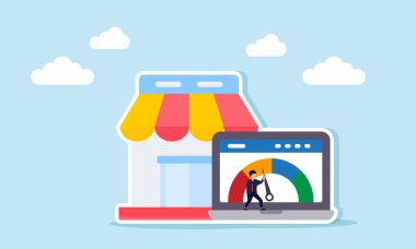 Bir işadamı, mağazanın önündeki dizüstü bilgisayar ekranında gösterilen bir göstergeye iğne basıyor, çaba göstermesi ve pazar yerindeki iş performansını artırma çabalarını tetikliyor