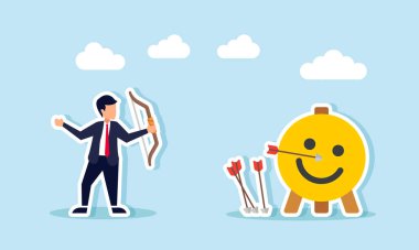 İşadamı, hedef olarak mutlu bir ifade ile okçuluk pratiği yapıyor. Piyasadaki olumlu ilgiyi hedef alıyor.