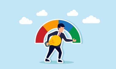 Bir işadamı bir lamba taşır ve hız göstergesi üzerindeki yeşil göstergeyi gösterir, iş fikirlerinin ve yeniliklerin doğru uygulanmasının bir göstergesi