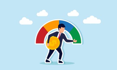 Bir işadamı bir dolar para taşır ve hız göstergesinde yeşil göstergeyi gösterir. Bu da şirkette mali istikrarın iyi durumda olduğunu gösterir.