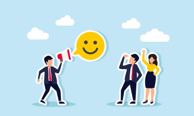 Bir iş adamı başka bir girişimciyle konuşur, megafon kullanır, sohbet balonunda mutlu bir ifade oluşturur, pazarın dikkatini çekmek için ekibe tanıtım ve eğitim sunar.