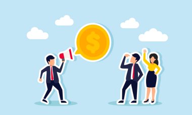 Bir iş adamı başka bir girişimciyle konuşur, bir megafon kullanır, sohbet balonunda bir dolar para oluşturur, ticari mali yönetim üzerine ekip için tanıtım ve eğitimin bir illüstrasyonudur