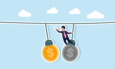 Bir işadamı para şeklinde bir lambaya uzanmaya çalışır ve önünde asılı durur, başka bir yatırım alanına geçişi resmeder.