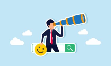 Bir iş adamı arama motorundan çıkar, elinde mutlu bir ifade, piyasa dikkatini izleme ve analiz etme çabalarının bir göstergesi olarak uzaklığa bakar.