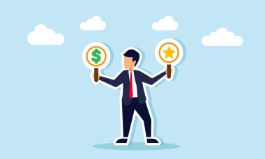 Bir iş adamının elinde bir yıldız ve bir dolar işareti olan iki tahta vardır. Kâr elde etmek ya da iş kalitesini yükseltmek arasında iki seçeneğin çizimi.