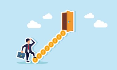 Bir işadamı, maddi özgürlüğe adım adım ulaşmanın göstergesi olarak bir dizi madeni paranın oluşturduğu merdivenleri tırmanmaya hazırlanıyor.