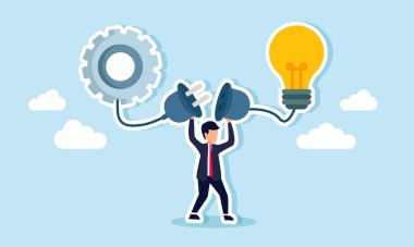 Bir işadamı, sistem teçhizatı ve lambaya bağlı bir elektrik prizini işletme yönetimi verimliliği ve yaratıcı fikirler arasındaki bağlantıyı resmetmeye hazırlanıyor.