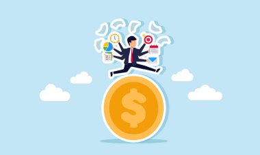 Birden fazla eli olan bir iş adamı, her biri bir iş ikonu tutuyor, bir dolar civarında para yönetiyor, iş ekonomisini yönetmedeki çoklu görev kabiliyetinin bir göstergesi.