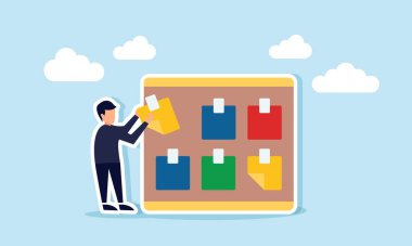 İş adamı bir tahtaya not yapıştırmaya çalışıyor, önemli notların ya da dipnotların çizimi iş ya da günlük aktivitelerin kilit noktalarını hatırlatıyor.