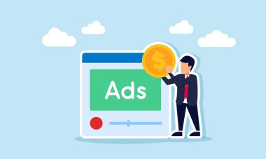ADS etiketli bir uygulama arayüzü önünde bir dolar tutan işadamı, iş reklamlarının optimize edilmesinden elde edilen kârın çizimi