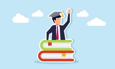 Mezuniyet şapkası takan bir iş adamı, bir yığın kitaptan ortaya çıkıyor, iş araştırmaları ve iş raporlarını tamamlama illüstrasyonları