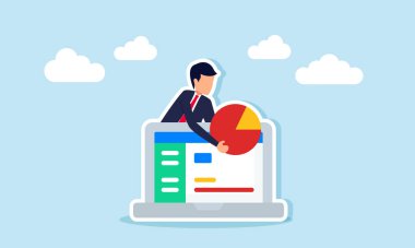 İş adamı laptop ekranının arkasındaki monitör katmanından turta grafiği alıyor, iş performansı raporlarını düzenliyor.