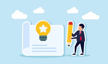 Elinde kağıt işlerinin yanında kalem tutan bir iş adamı ve yıldızlı bir ampul. İlgili bir iş fikrinin çizimi.