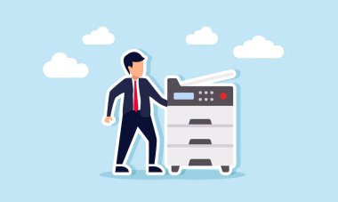 Fotokopi makinesinin yanında duran iş adamı, matbaa endüstrisindeki iş illüstrasyonları