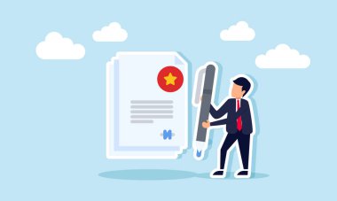 İş adamı bir anlaşma kağıdının yanında kalem tutuyor, bir iş anlaşmasının çizimi.