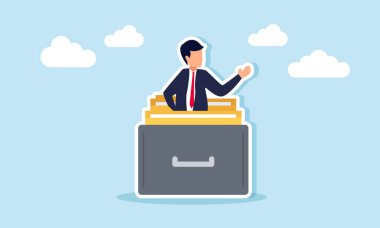 Bir çekmecedeki belge yığınından çıkan iş adamı, iş belgesi arşivinin resimlendirilmesi