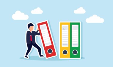 Düşen bir rapor defterini destekleyen işadamı, iş belgesi arşivini kaydetmenin illüstrasyonu