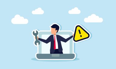 Motor anahtarı ve uyarı levhası taşıyan bir iş adamı, iş bakım sisteminin bir örneğini taşıyor.