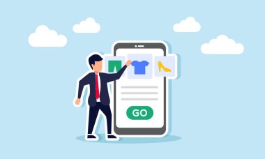 Bir işadamı akıllı telefon uygulaması arayüzü üzerinden alışveriş malzemelerini seçer, alışveriş için zaman çizelgesi