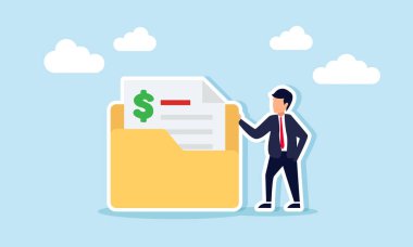 Bir iş adamı, içinde mali belgeler bulunan bir klasörün yanında duruyor. Bir iş şirketinin mali belge arşivinin çizimi.