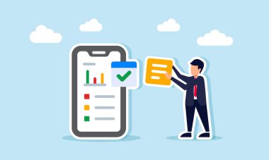 Bir işadamı, bir proje raporunu dijital tabanlı bir proje raporu düzenlenmesi veya oluşturulması şeklinde tamamlamak için bir parça taşır.