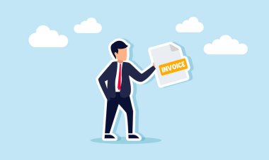 Bir işadamı INVOICE etiketli bir belge taşıyor, bir iş projesi için ödenmesi gereken bir fatura veya fatura resmi
