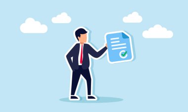 Bir işadamı, onaylanmış bir şirket belgesinin resimleriyle işaretlenmiş bir belge taşıyor.