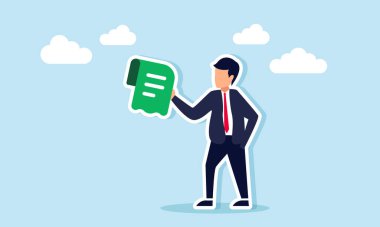 Bir işadamı, bir şirket belgesinin veya ortaklık anlaşmasının veya fatura faturasının bir illüstrasyonunu veya kağıt belge taşır