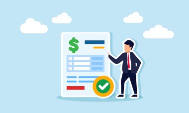 Bir işadamı, bir dolar işareti ve işaretli bir rapor belgesinin yanında duruyor. Ödemenin doğrulanmış kanıtının bir göstergesi.