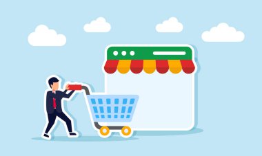 Bir işadamı bir alışveriş arabasını bir mağaza tepe örtüsü ile bir uygulama platformu arayüzüne doğru itiyor.