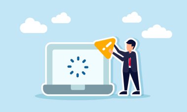 Bir işadamı, bir dizüstü bilgisayarın yanında bir ünlem işareti taşıyor. Yükleme sürecini gösteriyor. İş başvuru sistemi bakımı sırasında dikkat göstergesi.