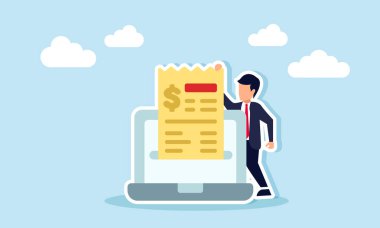 Bir iş adamı monitör ekranından fatura çıkarmak için dizüstü bilgisayarın yanında duruyor. Ödeme faturaları oluşturmak için dijital bir sistemin resmi.