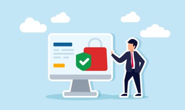 Bir işadamı, bir alışveriş çantası ve işaretini gösteren bir monitörün yanında duruyor, bir pazar sitesi üzerinden satın alma doğrulamasının resmi.