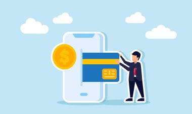 Bir işadamı, bir dolar bozuk parayla işaretlenmiş akıllı telefon ekranından bir banka ya da kredi kartı çekiyor.